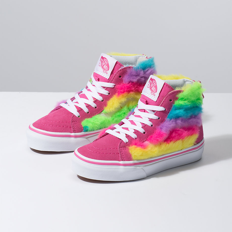 Vans Kiz Çocuk Spor Ayakkabı Rainbow Fur Sk8-Hi Zip Pembe/Beyaz | 60085-422